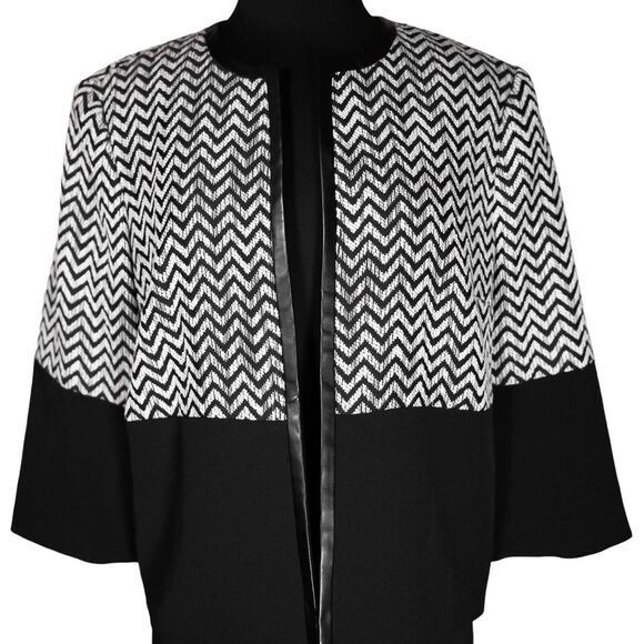 Kasper Womens Jacket Black White Geometric Faux Leather Open Front Lined Size 16 - Picture 4 of 8